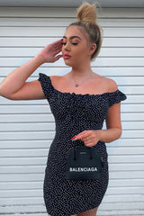 Black Polka Dot Bow Detail Milkmaid Mini Dress - Galena