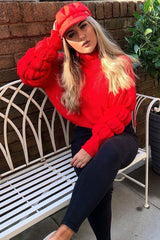 Red Knitted Puff Arm High Neck Jumper - Lola