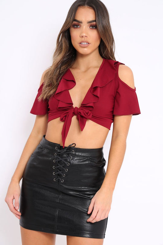 Wine Tie Front Cold Shoulder Crop Top - Ellinor