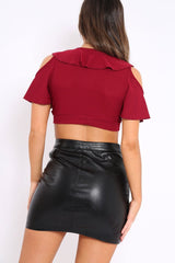 Wine Tie Front Cold Shoulder Crop Top - Ellinor