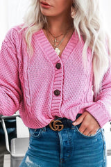 Pink Chunky Knit Button Up Crop Cardigan - Elly