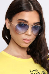 Blue Tinted Lens Gold Frame Aviator Sunglasses -Elly