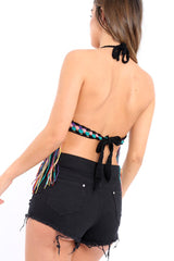 Black Multi Coloured Crochet Bralet with Thread Tassels - Elodia