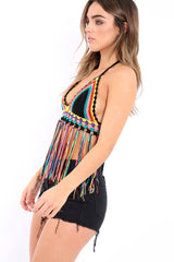 Black Multi Coloured Crochet Bralet with Thread Tassels - Elodia