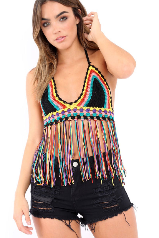 Black Multi Coloured Crochet Bralet with Thread Tassels - Elodia