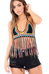 Black Multi Coloured Crochet Bralet with Thread Tassels - Elodia