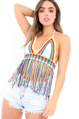 White Multi Coloured Crochet Bralet with Thread Tassels - Elodia