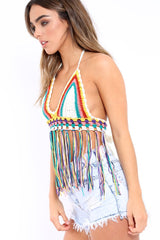 White Multi Coloured Crochet Bralet with Thread Tassels - Elodia