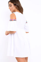 White Cold Shoulder Shift Dress with Aztec Embroidery - Elodie