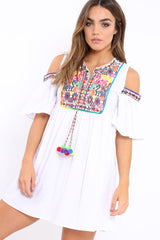 White Cold Shoulder Shift Dress with Aztec Embroidery - Elodie