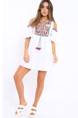 White Cold Shoulder Shift Dress with Aztec Embroidery - Elodie