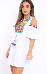 White Cold Shoulder Shift Dress with Aztec Embroidery - Elodie