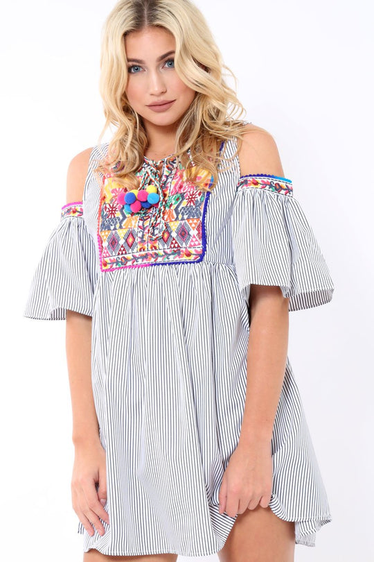 Black Stripe Cold Shoulder Shift Dress with Aztec Embroidery - Elodie
