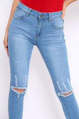 Light Blue Ripped Knees Distressed Skinny Jeans - Elora