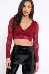 Wine Lace Plunge Scalloped Hem Crop Top - Elouise