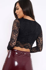 Black Lace Plunge Scalloped Hem Crop Top - Elouise