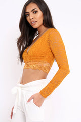 Mustard Lace Plunge Scalloped Hem Crop Top - Elouise