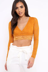 Mustard Lace Plunge Scalloped Hem Crop Top - Elouise