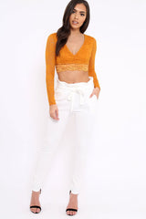 Mustard Lace Plunge Scalloped Hem Crop Top - Elouise