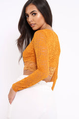 Mustard Lace Plunge Scalloped Hem Crop Top - Elouise