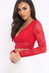 Red Lace Plunge Scalloped Hem Crop Top - Elouise