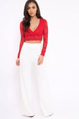 Red Lace Plunge Scalloped Hem Crop Top - Elouise