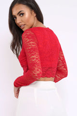 Red Lace Plunge Scalloped Hem Crop Top - Elouise