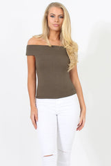 Khaki Cold Shoulder Ribbed Top - Elsa
