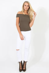 Khaki Cold Shoulder Ribbed Top - Elsa