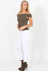 Khaki Cold Shoulder Ribbed Top - Elsa