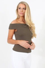 Khaki Cold Shoulder Ribbed Top - Elsa