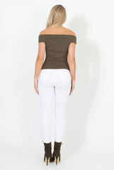 Khaki Cold Shoulder Ribbed Top - Elsa