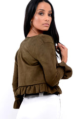 Khaki Suedette Frill Hems Jacket - Elsa