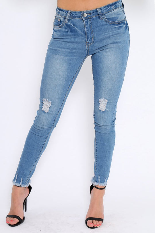 Light Blue Ripped Knees Skinny Jeans - Elsie
