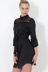 Black Lace Detail Shirt Dress- Elvi