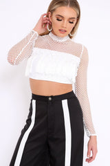 White Mesh Long Sleeve Crop Top With Sequin And Tassel Detailing - Elyssia