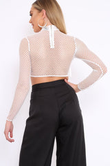 White Mesh Long Sleeve Crop Top With Sequin And Tassel Detailing - Elyssia
