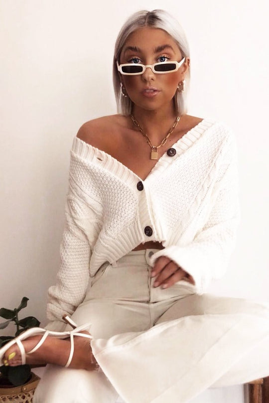 Cream Chunky Knit Button Up Crop Cardigan - Elly