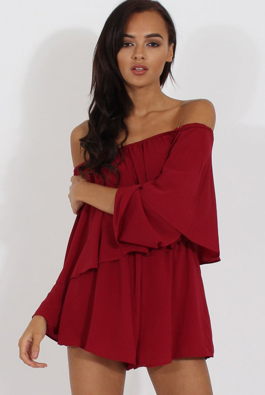Wine Bardot Frill Layer Playsuit - Ema