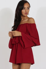 Wine Bardot Frill Layer Playsuit - Ema