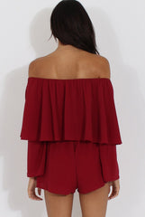 Wine Bardot Frill Layer Playsuit - Ema