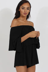 Black Bardot Frill Layer Playsuit - Ema