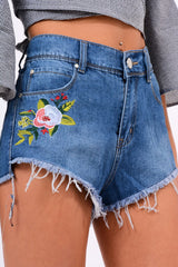 Denim Floral Embroidered High Waisted Shorts - Lyra