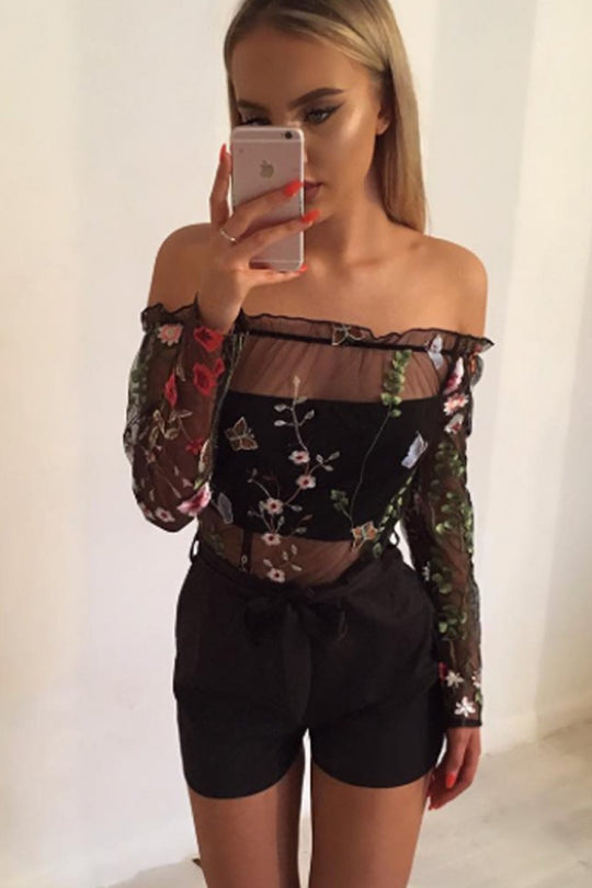 Black Mesh Embroidered Bardot Playsuit - Nicole