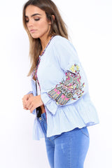 Blue Pinstripe Shirt with Embroidered Detailing - Emeline