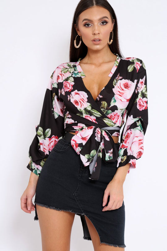 Black Floral Plunge Wrap Tie Top - Emila