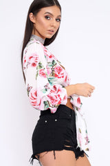 White Floral Plunge Wrap Tie Top - Emila