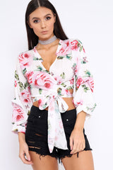 White Floral Plunge Wrap Tie Top - Emila