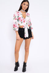 White Floral Plunge Wrap Tie Top - Emila