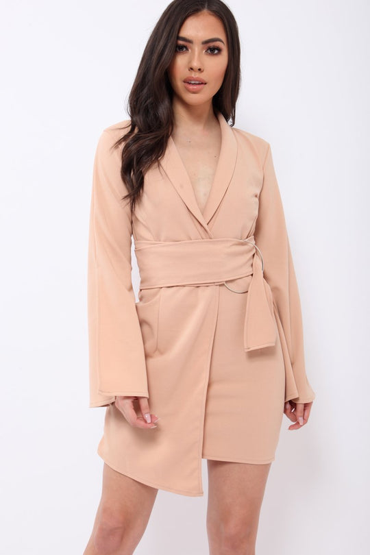 Nude Blazer Dress with Ring Belt Detail - Emilie